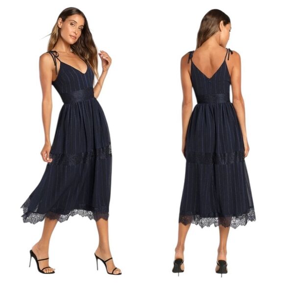 Lulus Love the Day Navy Lace Tie-Strap Midi Dress New with Tags L - Picture 1 of 10